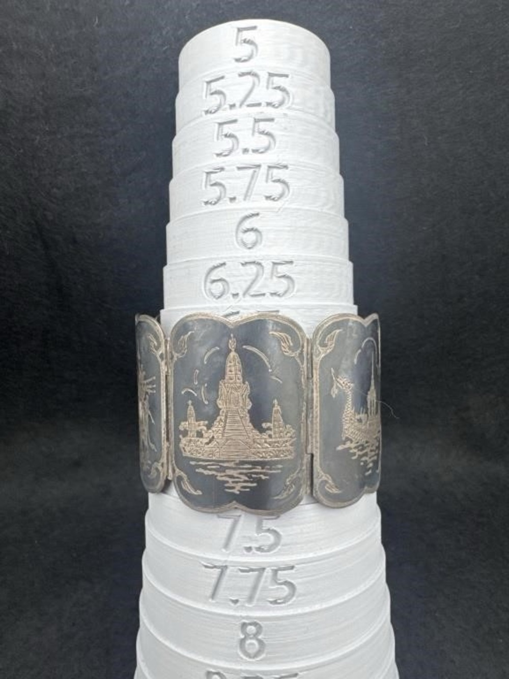 Vintage Silver Niello Panel Bracelet, Made in Siam w/ Figures, Temples, & Boats